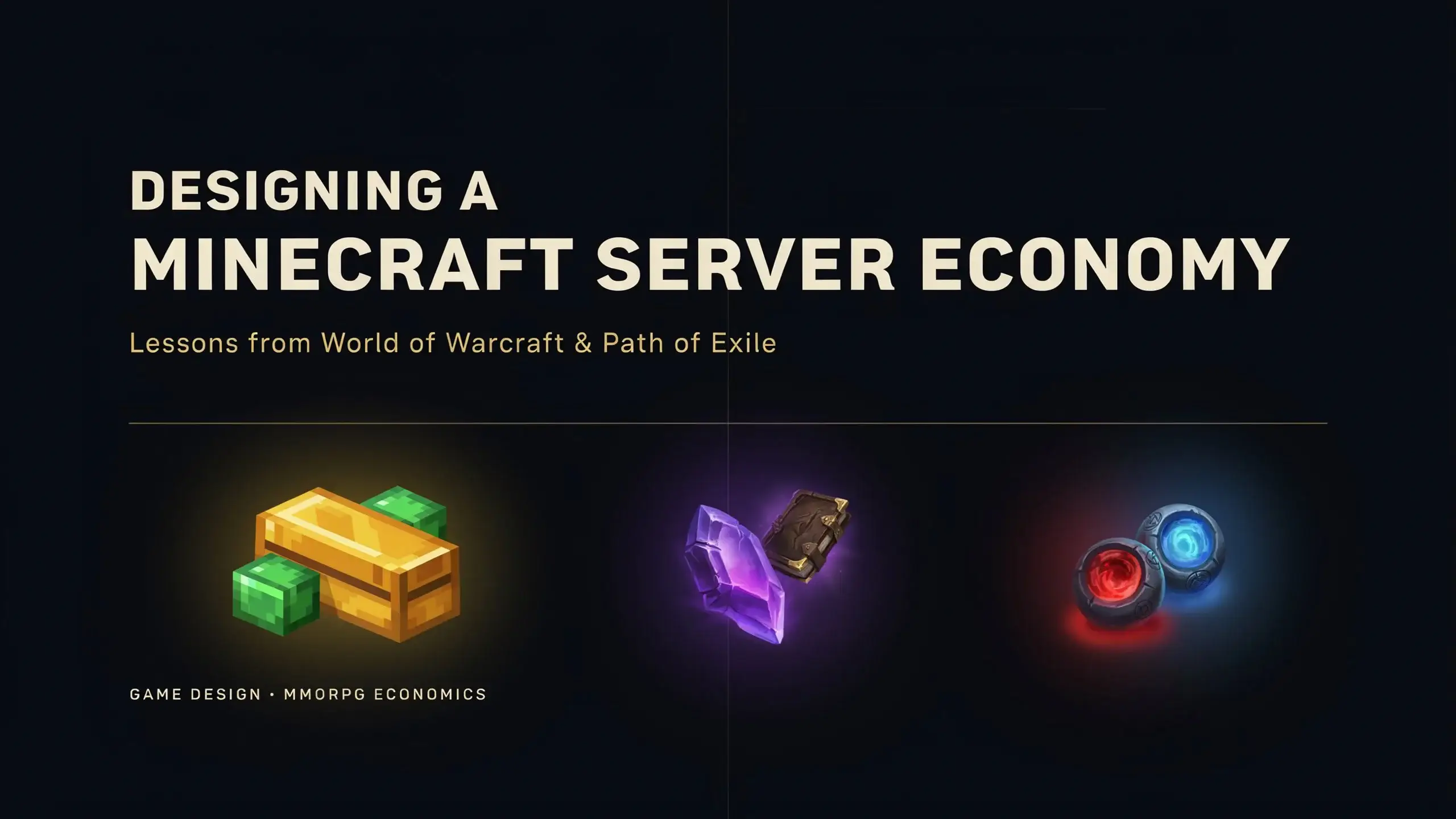 Minecraft gold and emerald blocks, a purple gem with a tome and Path of Exile style orbs under the title Designing a Minecraft Server Economy