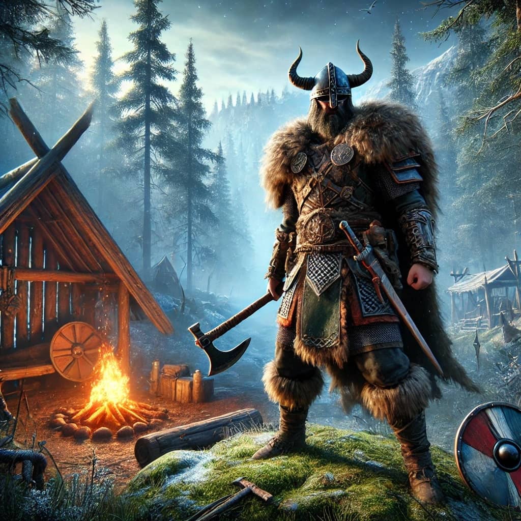 A viking soldier holding an axe next to a campfire and his shield