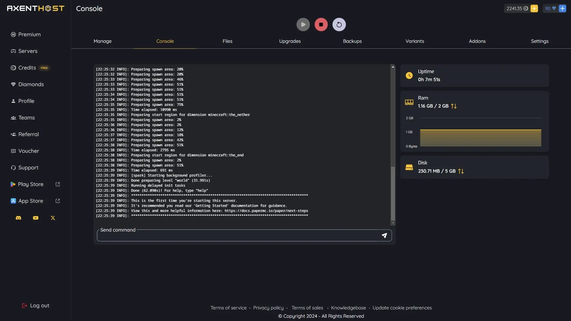 Console Feature Hosting Administration Console Screenshot