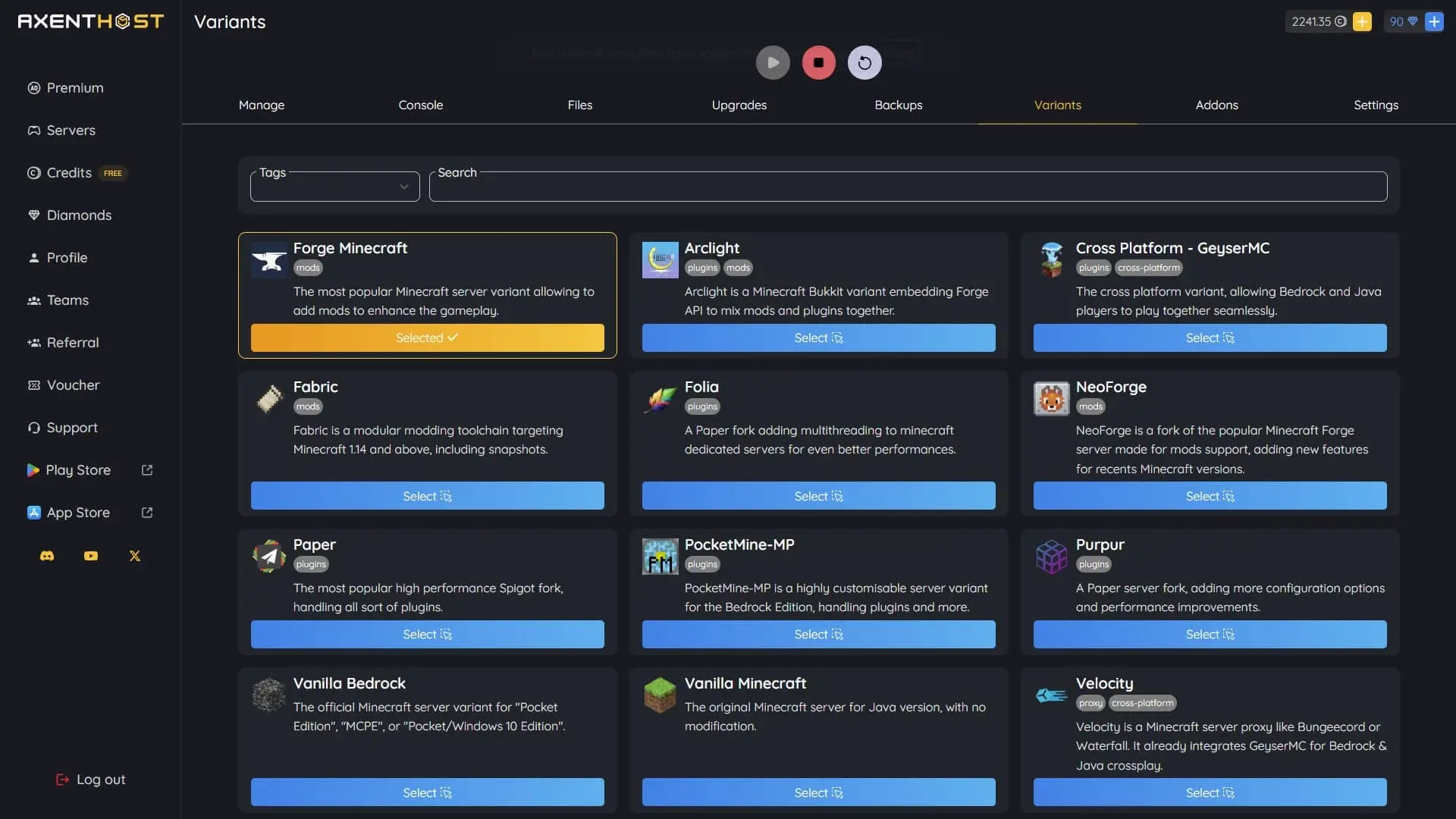 Variants Feature Server Dashboard Screenshot